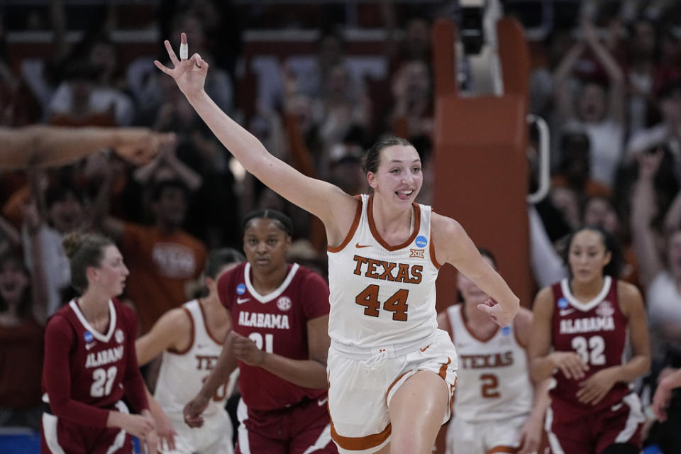 Texas forward Taylor Jones (44) celebrates a score against Alabama during the second half of a second-round college basketball game in the women’s NCAA Tournament in Austin, Texas, Sunday, March 24, 2024. (AP Photo/Eric Gay)