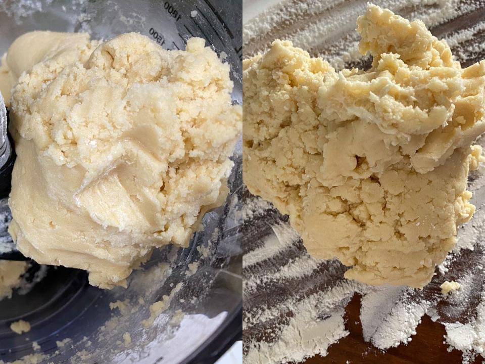 Dough ingredients in a food processor and on a floury tabletop.