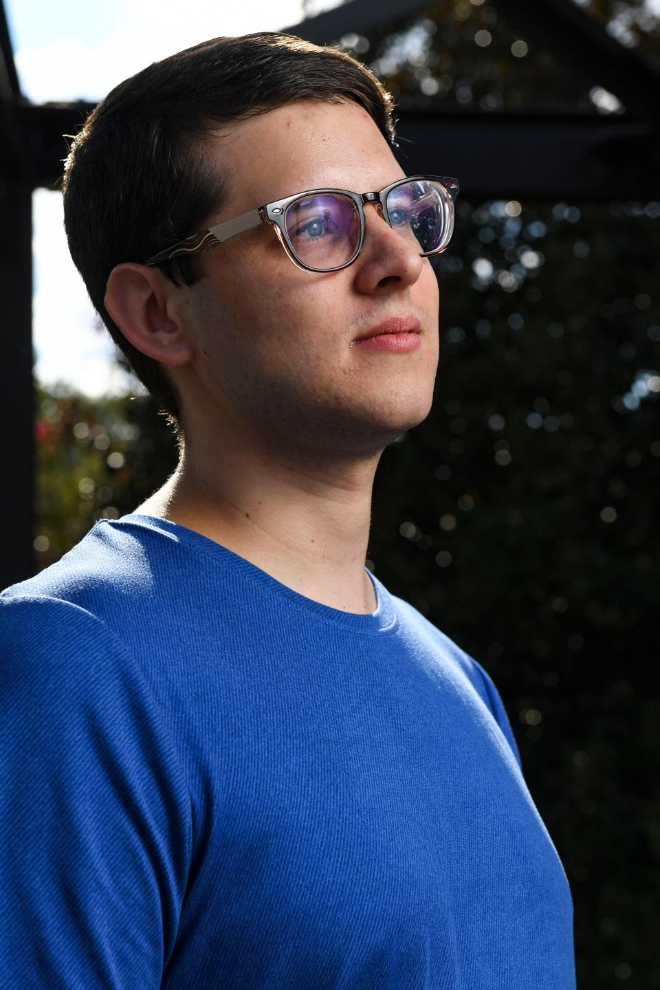 Andrew Pledger, former Bob Jones University student, poses for a portrait outside of BJU on Wednesday, Aug. 16, 2023.