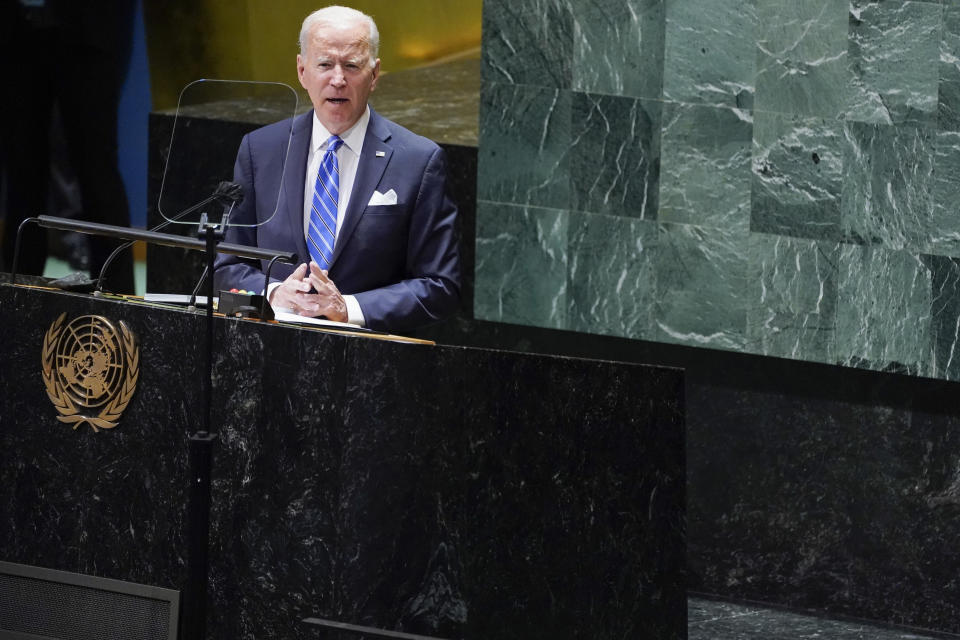 President Joe Biden delivers remarks to the 76th Session of the United Nations General Assembly, Tuesday, Sept. 21, 2021, in New York. (AP Photo/Evan Vucci)