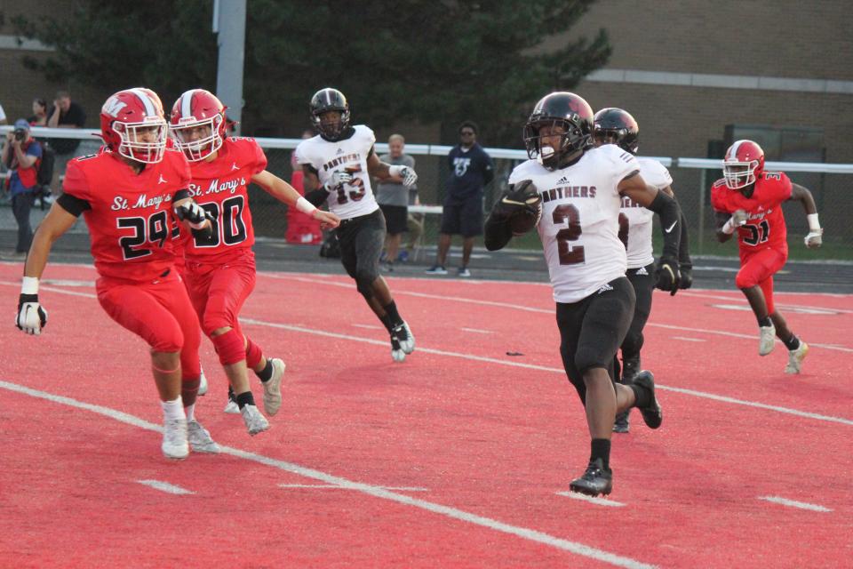 Markell Gilford turns upfield for River Rouge on Friday, Sept. 16, 2022. Although his long punt return was nullified due to an illegal block in the back, his team still dominated Orchard Lake St. Mary’s, 28-0, in a non-league contest.