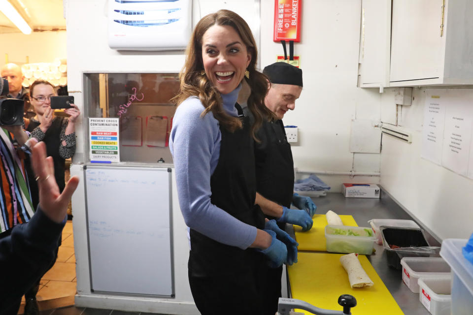 The Duchess of Cambridge, known as the Countess of Strathearn while in Scotland, helps to prepare food during a visit to the Social Bite cafe in Aberdeen, to meet with locals for her Early Childhood survey. (Photo by Andrew Milligan/PA Images via Getty Images)