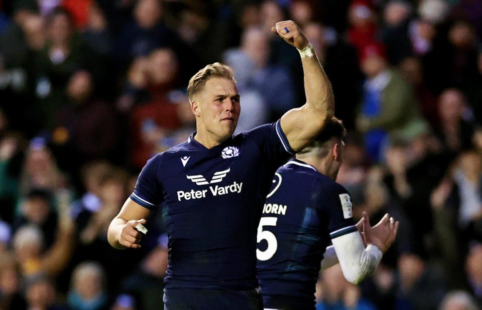 Hat-trick hero: Duhan van der Merwe is the first Scottish player to score a try treble against England in the Six Nations era (Getty Images)