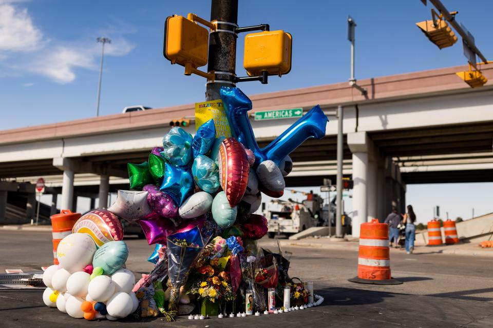 A makeshift memorial for victims Nikki Delgadillo, Marylin Aileen Rojas and her 8-year-old daughter Delilah Madelyn Rodriguez stands at the scene where they died after a driver allegedly fleeing from El Paso police ran a red light and slammed into their SUV on the Saturday morning of Oct. 14 at the intersection of Zaragoza Road and South Americas Avenue by the Zaragoza Bridge.