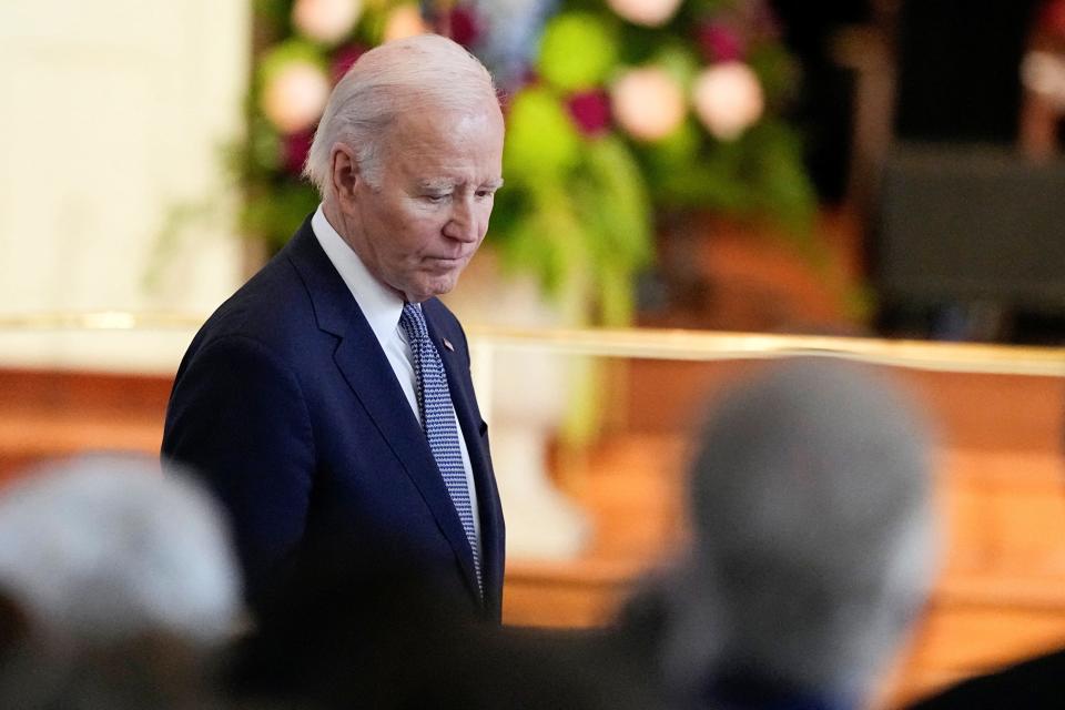 A photo of U.S. President Joe Biden arriving for a tribute service for former U.S. first lady Rosalynn Carter.