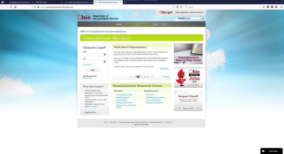 A page that appears to be the Ohio Unemoployment site