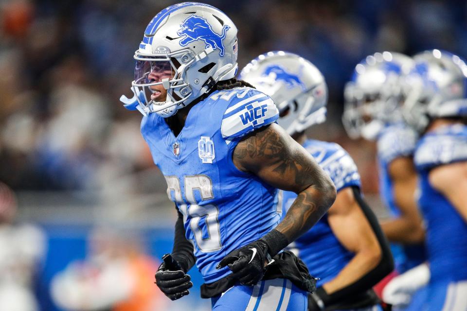 Detroit Lions running back Jahmyr Gibbs (26) runs off the field after scoring a touchdown against the Denver Broncos during the second half at Ford Field in Detroit on Saturday, Dec. 16, 2023.