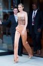 <p>In a Jonathan Simkhai crop top, silk pants and Christian Louboutin nude pumps while out in New York City. </p>