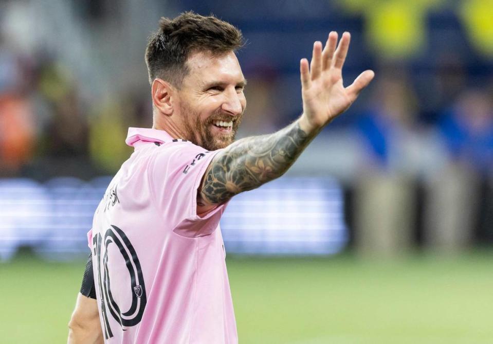 Inter Miami forward Lionel Messi (10) reacts after defeating Nashville SC in their Leagues Cup final at GEODIS Park on Saturday, Aug. 19, 2023, in Nashville, Tenn.