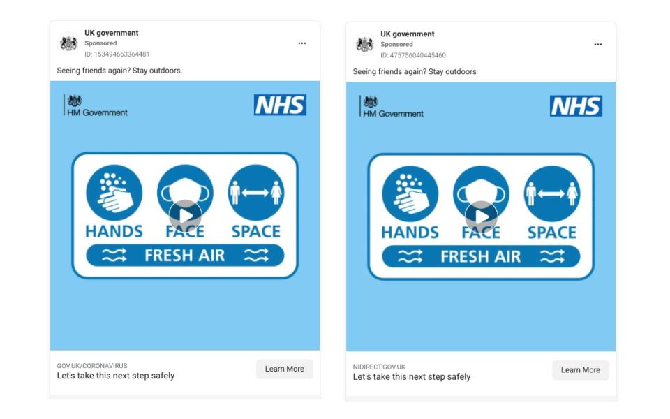 A screenshot from Facebook's ad library shows two almost idential adverts from a page called "UK government", each with the same pale blue image showing the NHS logo and pictograms of hand-washing, masks and social distancing with the mantra "HANDS, FACE, SPACE, FRESH AIR". Above each one is a caption: "Seeing friends again? Stay outdoors." However, one advert lacks a full stop at the end of that sentence and links to a Northern Irish government website, while the other links to the UK central government and has a full stop. - Facebook Ad Library/HM Government