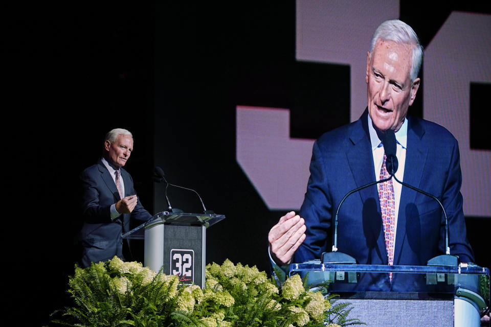 Jimmy Haslam, managing and principal partner of the Cleveland Browns, speaks at a tribute to the late NFL player Jim Brown Thursday, Aug. 3, 2023, in Canton, Ohio. (AP Photo/Sue Ogrocki)