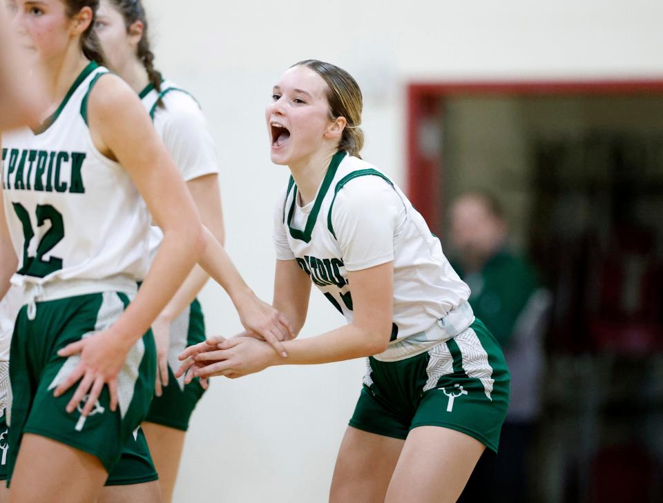 Portland St. Patrick's Laynie Meredith celebrates during a timeout against Fowler, Friday, Feb. 2, 2024, in Portland.