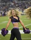 <p>Baltimore Ravens cheerleaders perform in the first half an NFL football game between the Ravens and the Cleveland Browns, Thursday, Nov. 10, 2016, in Baltimore. (AP Photo/Nick Wass) </p>