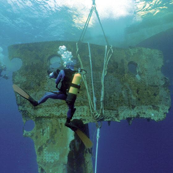 An underwater scene of a diver with an oxygen tank swims vertically in front of a large metal piece of shipwreck