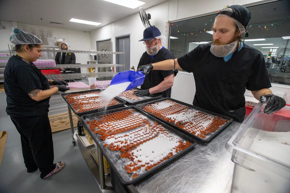 Kitchen specialists Melissa Mulvany, Dunellen, Dave Hanna, Parsippany, and Andriy Syvda, Columbia, prepare "Bits" low-dose cannabis edibles for cooking at the Verano cannabis cultivation center in Readington.