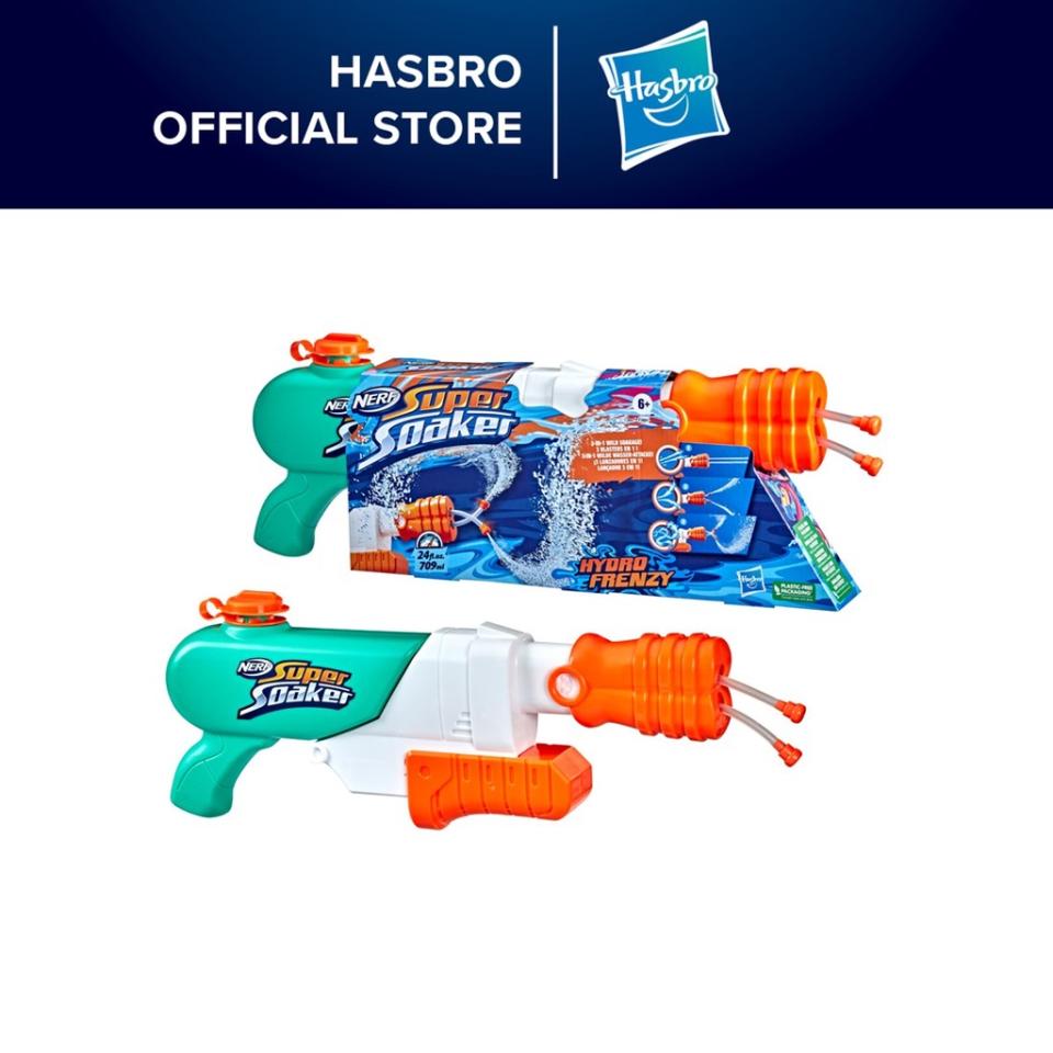 Nerf Super Soaker Hydro Frenzy Water Blaster, Wild 3-In-1 Soaking Fun, Adjustable Nozzle, 2 Water-Launching Tubes. (Photo: Shopee SG)