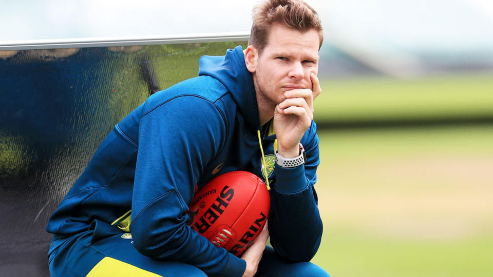 Steve Smith, pictured here watching on as the Aussies train. (Photo by Mike Egerton/PA Images via Getty Images)