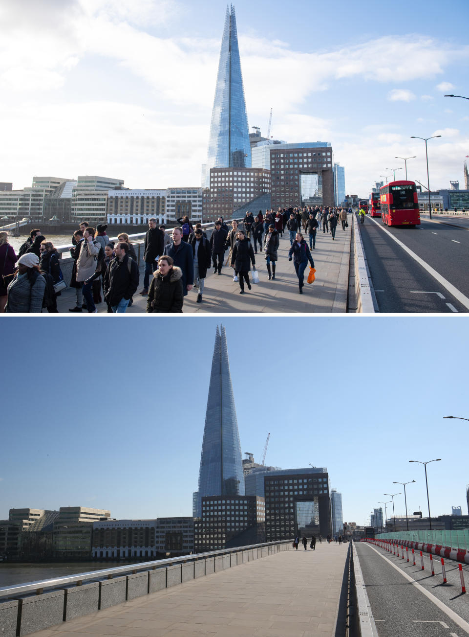 Commuters cross London Bridge on 13 March, top, and on Wednesday, bottom.