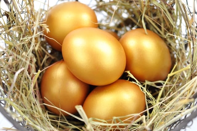 close up of gold eggs in a nest.