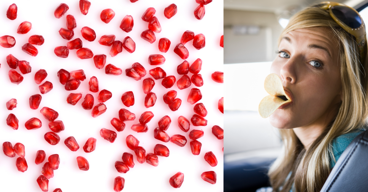 Two Images, Pomegranate Seeds, and Woman Eating Pringles in a Silly Way