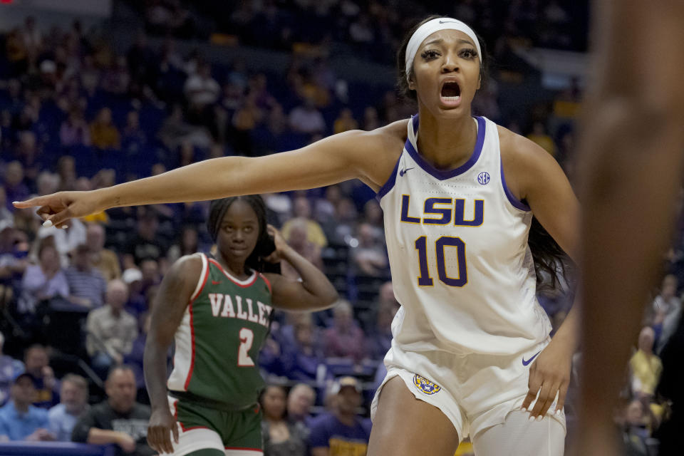 LSU forward Angel Reese (10) reacts to a call next Mississippi Valley State guard Jaylia Reed (2) during the first half of an NCAA basketball game on Friday, Dec. 4, 2020 in Baton Rouge, La. (AP Photo/Matthew Hinton)