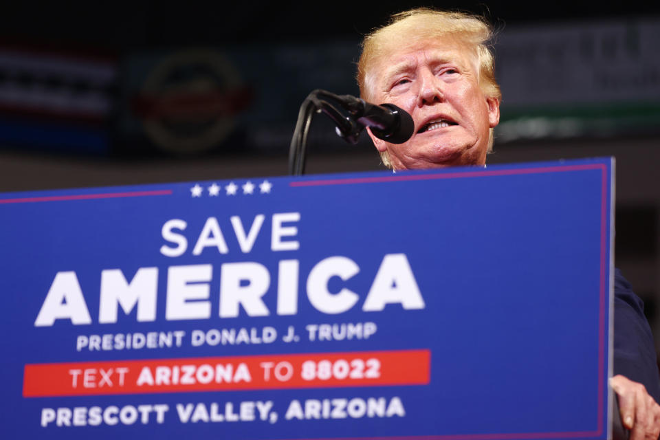 Former President Donald Trump speaks at a â€˜Save Americaâ€™ rally in support of Arizona GOP candidates on July 22, 2022 in Prescott Valley, Arizona. Arizona's primary election will take place August 2. / Credit: Mario Tama / Getty Images