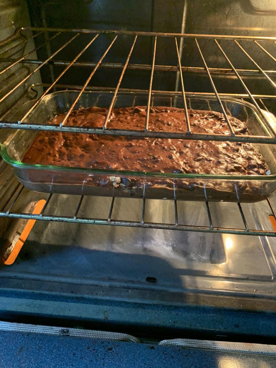 a pan of brownies in the oven