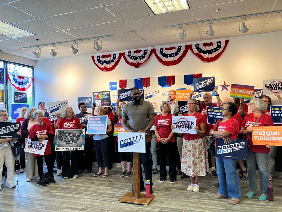 Former Rep. Mondaire Jones, who challenging Rep. Mike Lawler for New York's 17th Congressional District seat, speaks on Sept. 10, 2024 at a press conference about gun control at a Democratic campaign office in Nanuet.