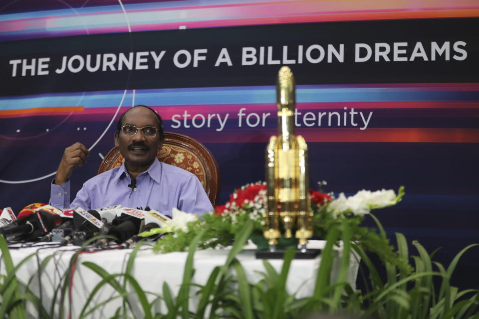 Indian Space Research Organization (ISRO) Chairman Kailasavadivoo Sivan speaks during a press conference at their headquarters in Bangalore, India, Tuesday, Aug. 20, 2019. India has successfully launched a spacecraft into lunar orbit that aims to land on the far side of the moon and search for water. ISRO said Tuesday that it has maneuvered Chandrayaan, the Sanskrit word for “moon craft,” into lunar orbit. (AP Photo/Aijaz Rahi)