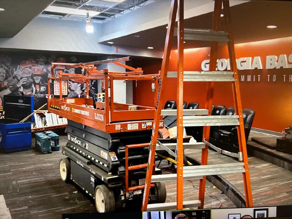 An image from a video meeting of the new team meeting room being constructed for Georgia baseball