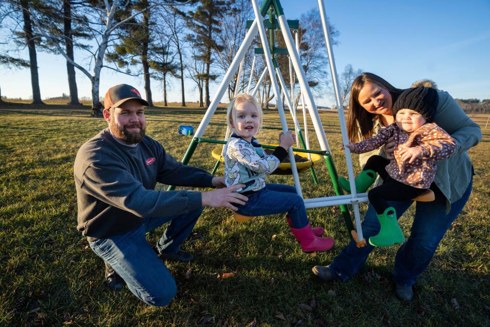 Sam and Megan Kling are shown with their daughters, Greta and Elma, on Wednesday, Jan. 31, 2024, at their home in Taylor, Wisconsin. The parents would like to have another child.
(Credit: Mark Hoffman / Milwaukee Journal Sentinel)