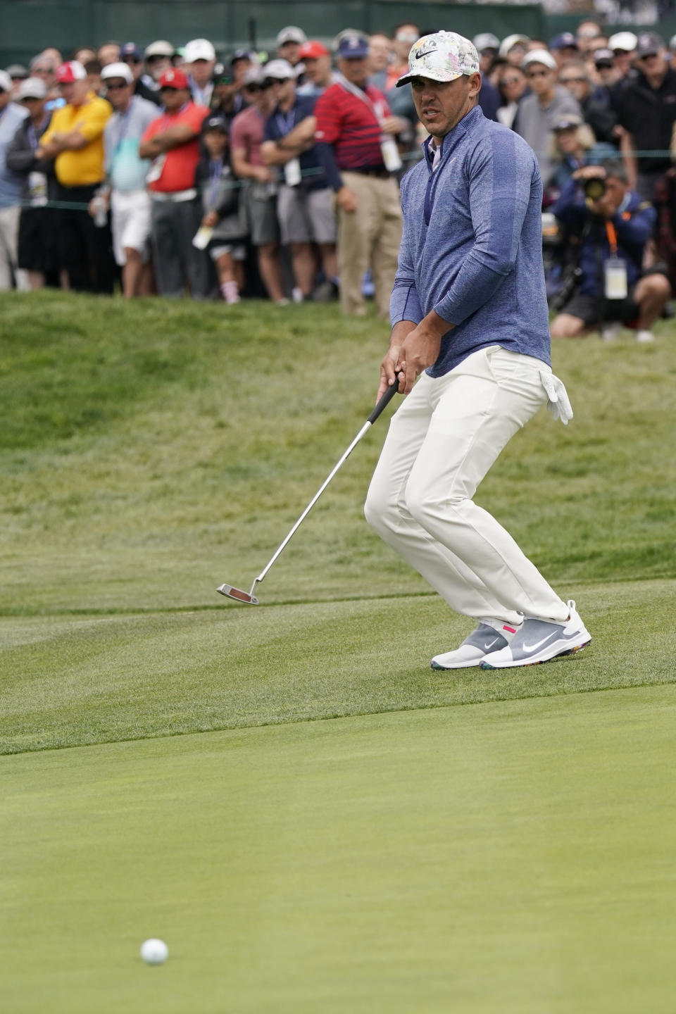 Brooks Koepka reacts after missing an eagle putt on the sixth hole during the first round of the U.S. Open Championship golf tournament Thursday, June 13, 2019, in Pebble Beach, Calif. (AP Photo/David J. Phillip)