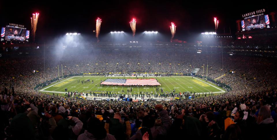 The national anthem is performed before the start of the Green Bay Packers vs. Detroit Lions game on Jan. 8, 2023, at Lambeau Field in Green Bay, Wis.