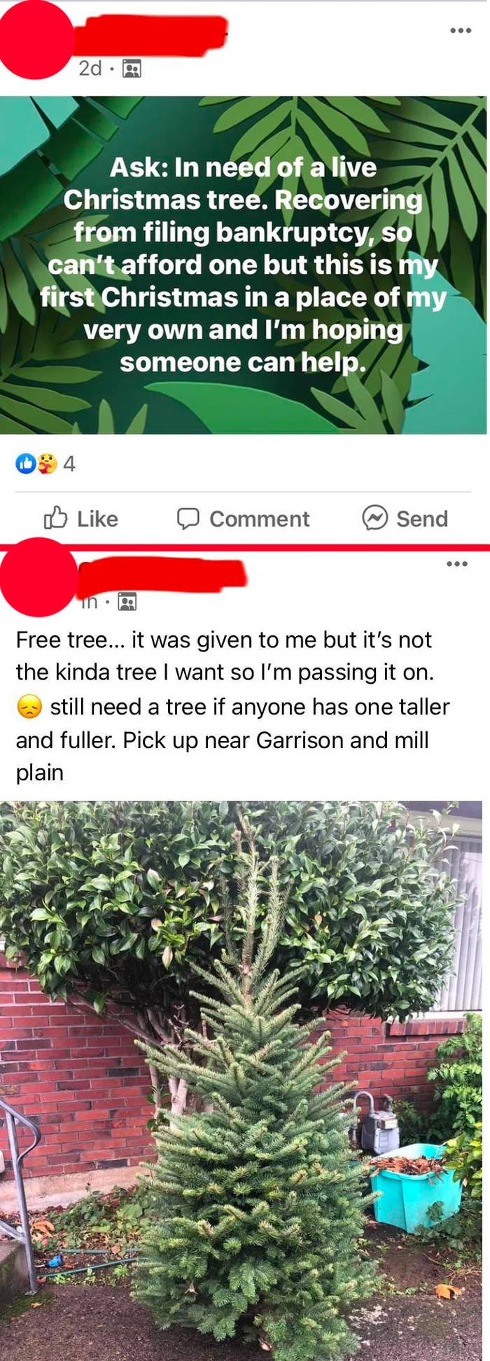 Someone asks for a free Christmas tree, then complains because it isn't tall or full enough