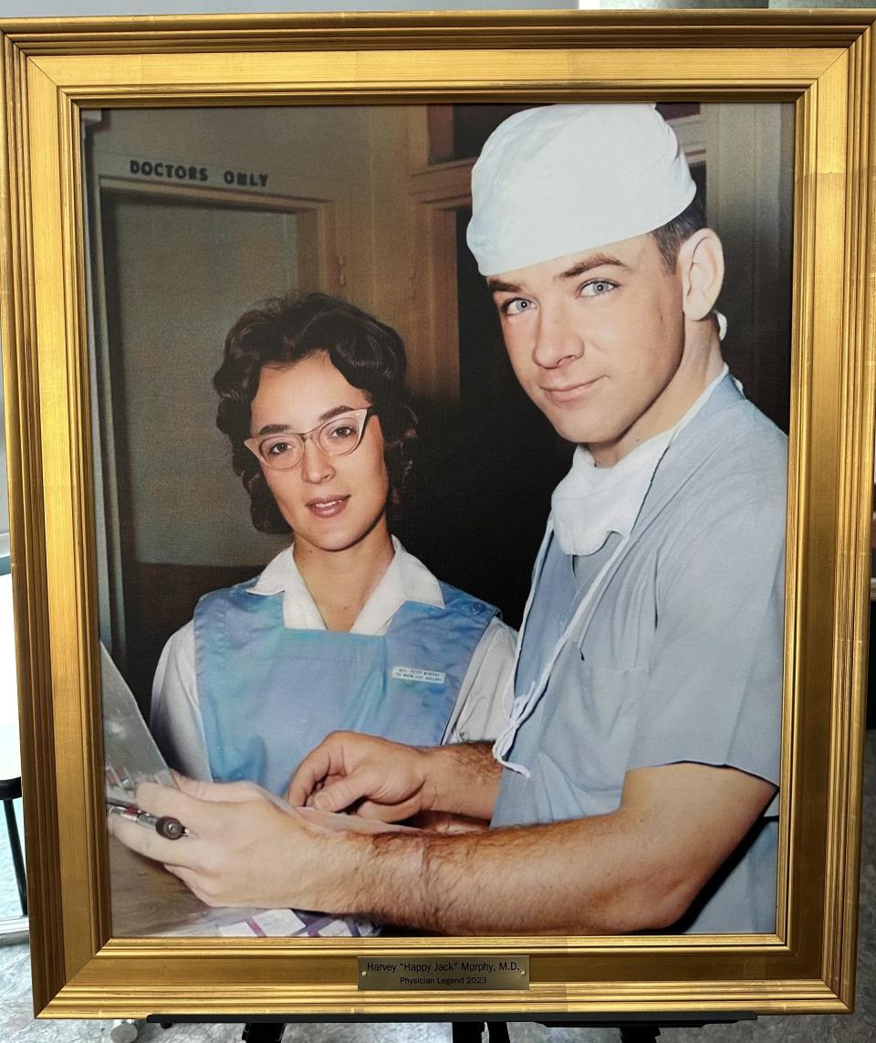 This photograph of Jack and Peggy Murphy, taken in 1967, hangs in a hallway near the St. Joseph’s Doctors’ Lounge.