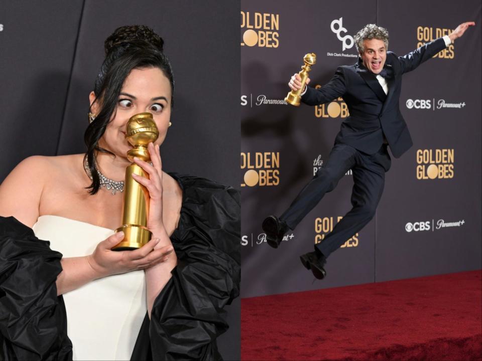 Lily Gladstone and Mark Ruffalo backstage at the 2024 Golden Globes.