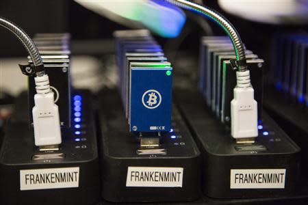 A chain of block erupters used for Bitcoin mining is pictured at the Plug and Play Tech Center in Sunnyvale, California October 28, 2013. REUTERS/Stephen Lam