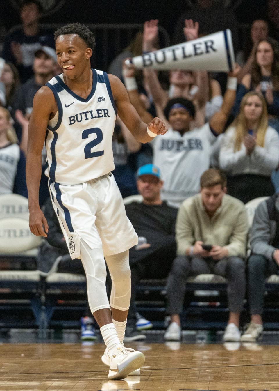 Eric Hunter Jr. smiles after he hit a late game three against St. Francis, at Hinkle Fieldhouse, Thursday, Nov. 17, 2022, where the Butler men won 95-67. 