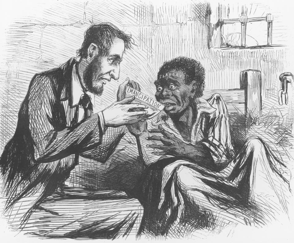 Cartoon of Abraham Lincoln feeding a bedridden Black enslaved man with bowl of emancipation circa 1873.