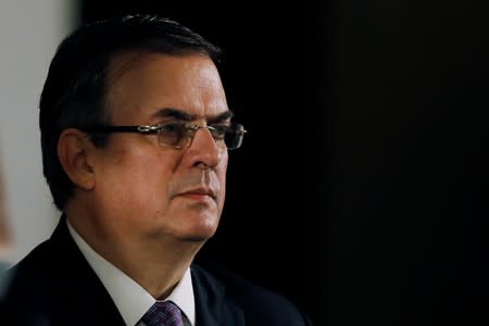 Mexican Foreign Minister Marcelo Ebrard looks on during a news conference at National Palace in Mexico City