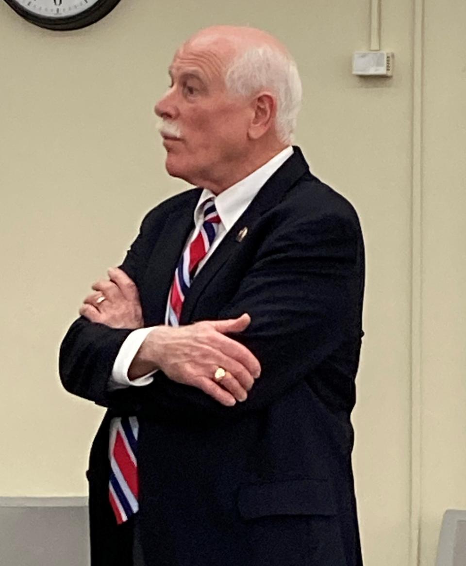 Former Bristol County Sheriff Thomas Hodgson attends a hearing Thursday to determine whether the state Ballot Law Commission has the right to decide whether Donald J. Trump can remain on the state's presidential primary ballot, as requested by the Massachusetts Republican Party.