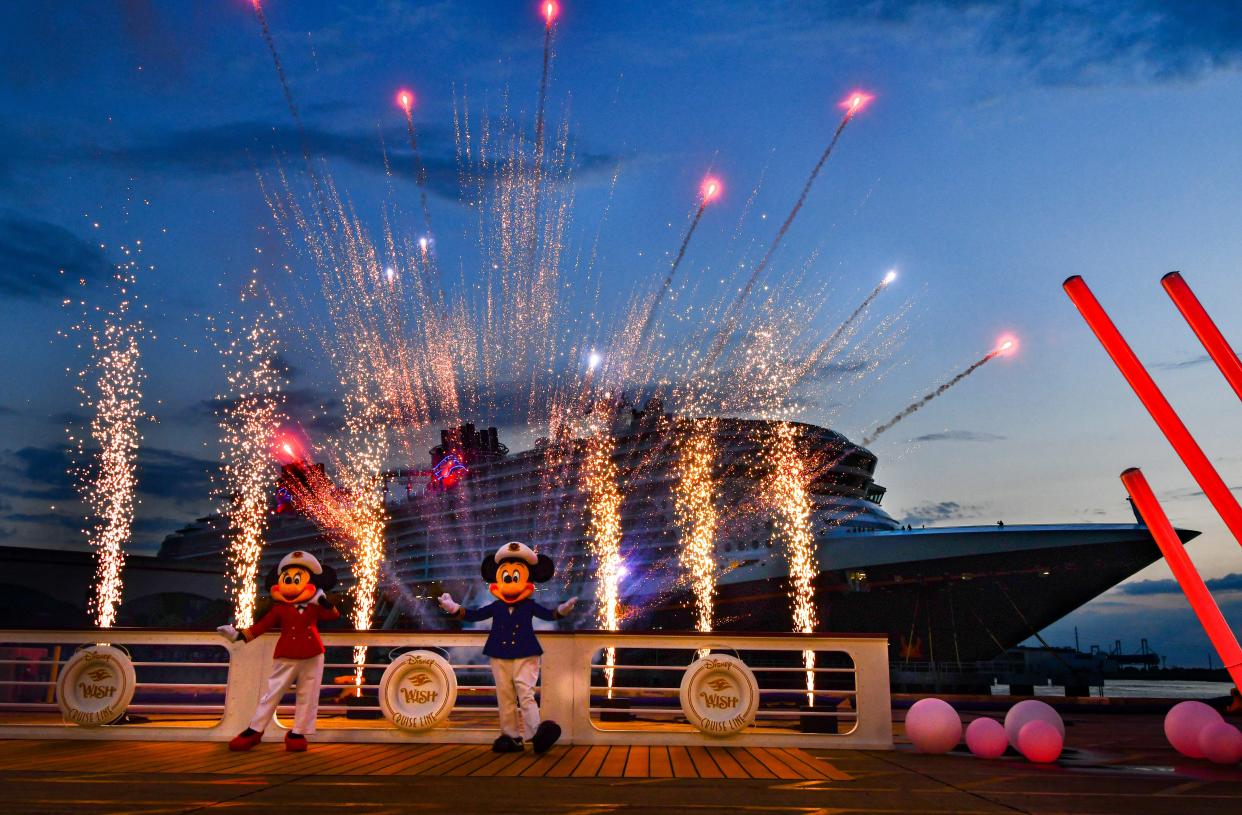 Mickey and Mini, along with fireworks greeted the Disney Wish after it docked at Cruise Terminal 8.