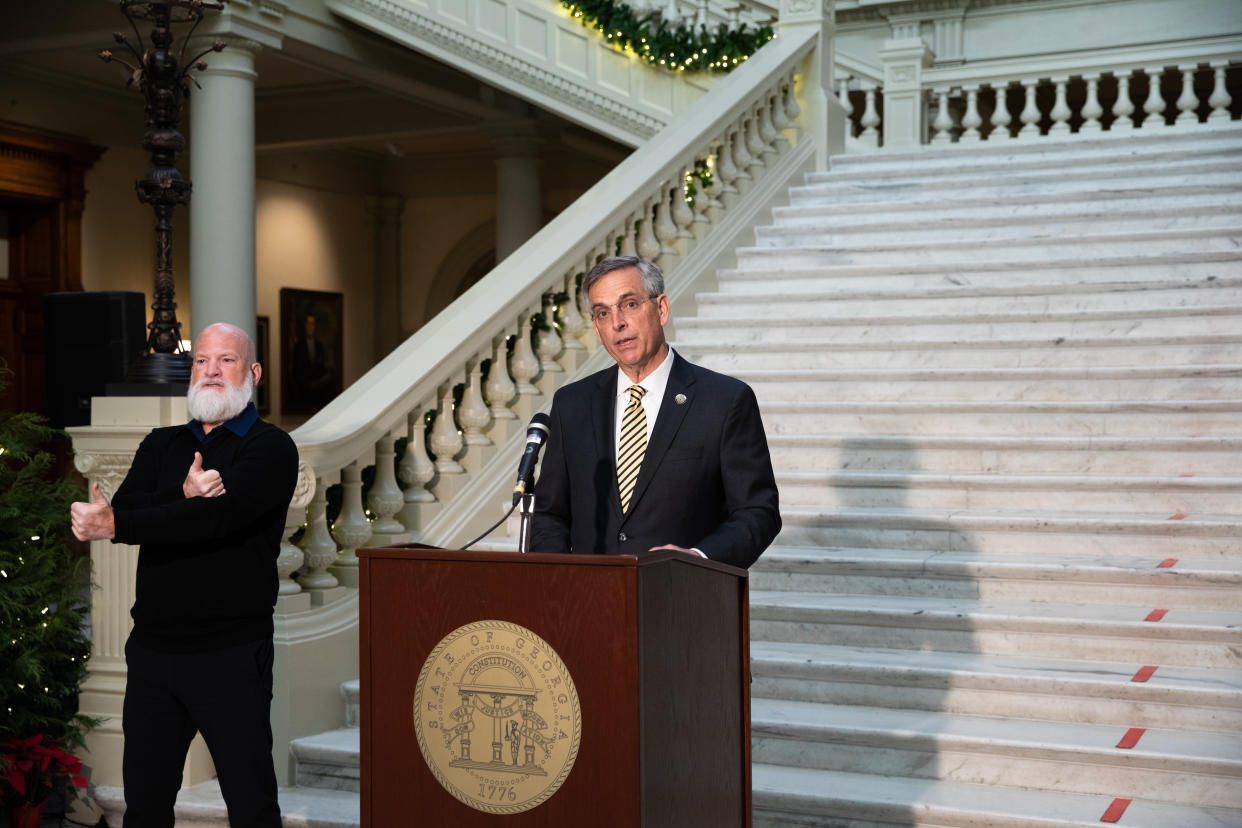 Brad Raffensperger, Georgia's secretary of state, speaks during a news conference at the Georgia State Capitol in Atlanta, Georgia, U.S., on Monday, Dec. 14, 2020. Photographer: Dustin Chambers/Bloomberg via Getty Images