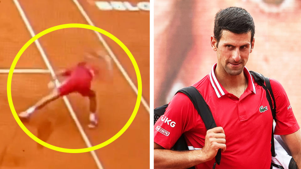 Novak Djokovic (pictured right) leaving after his victory and (pictured left) smashing his racquet at the Belgrade Open.