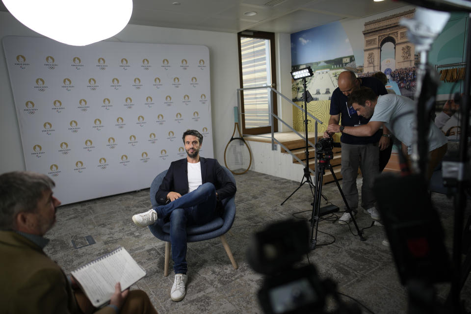 Paris 2024 Olympics Organizing Committee President Tony Estanguet prepares for an interview with the Associated Press at the headquarters of Paris 2024 in Saint-Denis, outside Paris, France, Tuesday, June 27, 2023. (AP Photo/Christophe Ena)