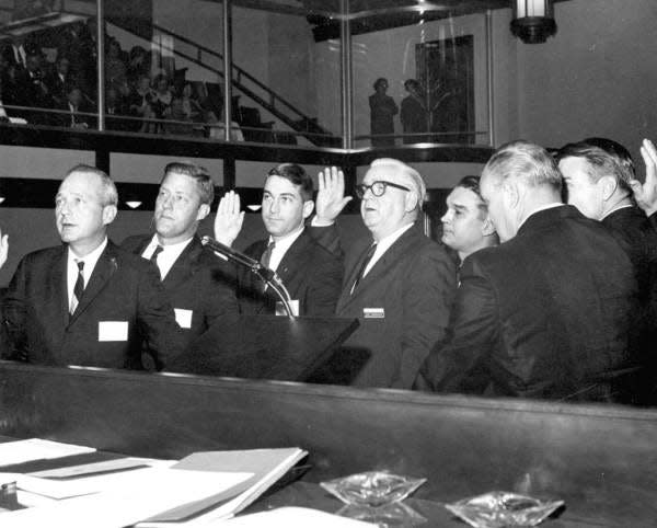 Legislators Being Sworn In Approx 1967 Representatives Identified L R Murray H Dubbin Sandy Dalemberte Gerald A Lewis Jess Yarborough Bernie C Papy Jr