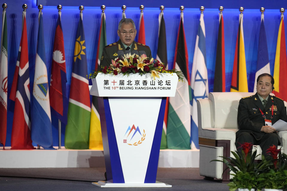 Russian Defense Minister Sergei Shoigu speaks at the 10th Beijing Xiangshan Forum in Beijing, Monday, Oct. 30, 2023. Defense Minister Shoigu said Monday the United States is fueling geopolitical tensions to uphold its "hegemony" and warned of the risk of confrontation between major countries. (AP Photo/Ng Han Guan)