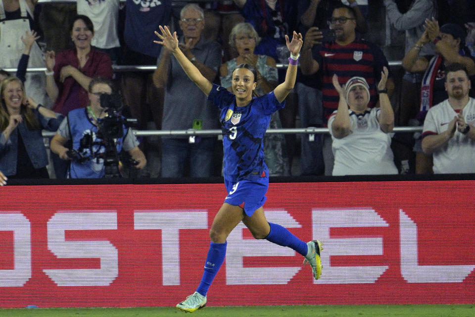 U.S. forward Mallory Swanson celebrates after scoring a goal against Canada during the first half of a SheBelieves Cup soccer match Thursday, Feb. 16, 2023, in Orlando, Fla. (AP Photo/Phelan M. Ebenhack)