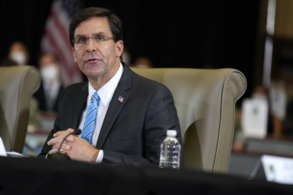 FILE - In this July 10, 2020, file photo Defense Secretary Mark Esper speaks during a briefing on counternarcotics operations at U.S. Southern Command in Doral, Fla. Esper plans to fly nearly halfway around the world this week to tiny Palau, which no Pentagon chief has ever visited. (AP Photo/Evan Vucci, File)