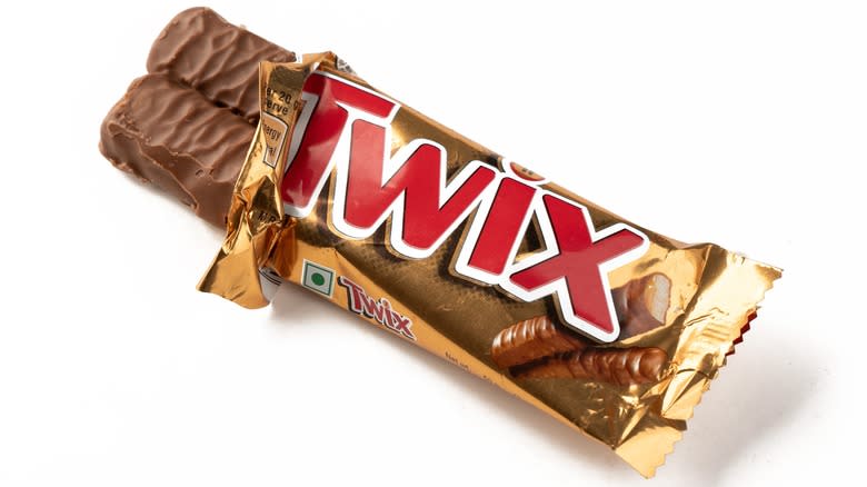 Partially unwrapped Twix bar